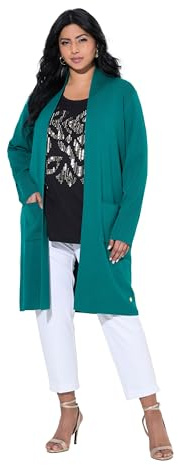 Ulla popken dam stora storlekar överdimensionerade plus size kofta, lång, öppen form, mjuk finstickad, Grönblå, 58-60