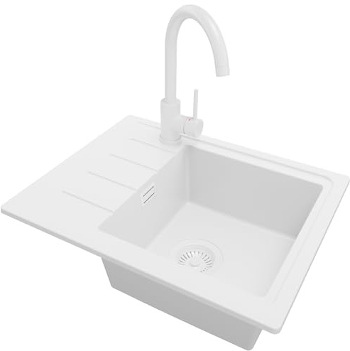 PRIMAGRAN Fregadero Granito al Mueble 45cm + Grifo, 55x44cm | Set: Grifo BW5010 + Kit de desagüe (sifón, válvula, rebosadero) + Copenhague Easy 1 Seno para Cocina, Todo Blanco