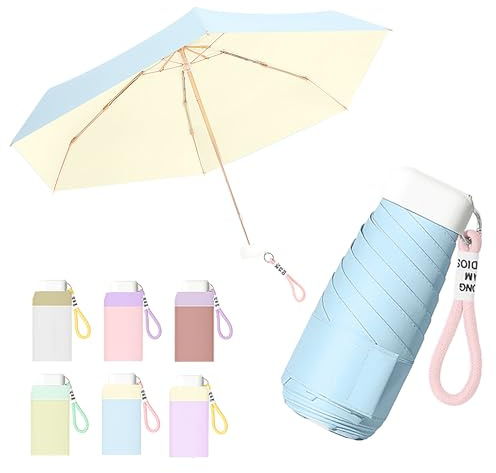 Mini Viaje Portátil Sombrilla De Mano Compacto Paraguas Plegable con Trenzado Llavero Cordón Y Asa Plana,Costillas De Fibra De Vidrio,Ligero,UPF 50+ Protección UV, Sol Y Lluvia,Bolsillo,Niños Mujeres