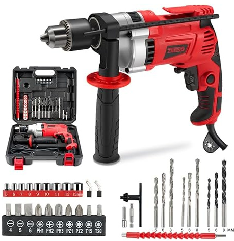 TEENO Electric Corded Hammer Drill 910W 38pcs Accessories with Carring Case, Hammer Drill 0-3000RPM, Variable Speed, 13mm Chuck, 360° Auxiliary Handle, for Concrete, Iron Plate, Masonry and Wood