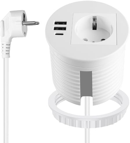 BAIFULAI Einbausteckdose mit USB, Steckdosenleiste für 80mm Tischloch, Schreibtisch Steckdose mit 1 Socket, 2 USB-A Anschluss, 1 USB-C Anschluss und 1,7 m Netzkabel, Einbausteckdose Versenkbar, Weiß