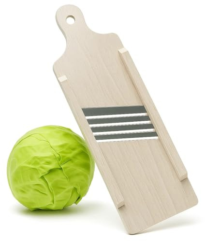 DURA HOME Large Wooden Cabbage Shredder – 3 Stainless Steel Blades, 42 × 16 cm Sauerkraut Slicer, Heavy-Duty Vegetable Cutter