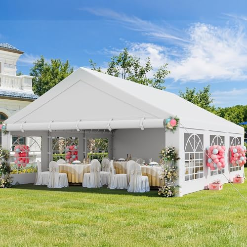 DWVO 20x20FT White Party Tent Heavy Duty Event Shelters Galvanized Canopy with Upgraded Large Roof Roll-up Door Removable PVC Sidewalls 3 Storage Bags for Weddings, BBQ, Birthday, Parties, Camping