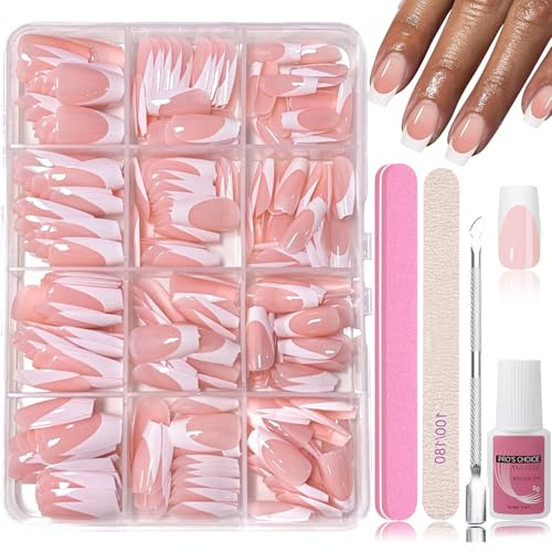 288 Stück Französisch Künstliche Nägel Tips Set, Full Cover Press on Nägel, French Rosa Weiß Falsche Nägel Zum Aufkleben für Frauen, French Fake Nails für Maniküre DIY(Square Mittel)