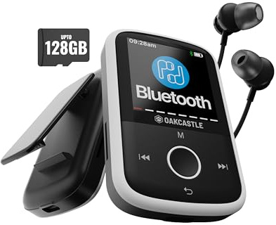 Reproductor MP3 Bluetooth con Clip Deportivo | Auriculares incluidos | Memoria de 16GB, Ampliable a 128GB | Pantalla HD a Color, 34h de batería | SD y USB-C | Reproductor MP3 Oakcastle MP250