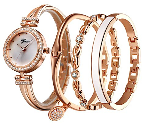 Gardenvy 4-Piece Luxury Women’s Crystal Watch & Bracelet Gift Set Ladies Analog Quartz Fashion Wristwatch with Rhinestone Bangle Elegant Lady Stylish Dress Watch