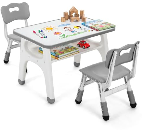 MAMIZO Set för barnbord, barnstolsgrupp med 2 höj- och sänkbara stolar, målbord för barn med målad bordsskiva och förvaringsutrymme, multifunktionellt barnbord, 70 x 50 cm, grått (grå)