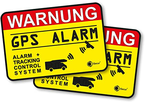 iSecur 2er Set GPS Alarm Tracking Aufkleber 6 x 4 cm außen - hin005 | GPS alarmgesichert Hinweis für Wohnmobil Wohnwagen Auto und Anhänger, außenklebend, UV-wetterfest, waschanlagenfest