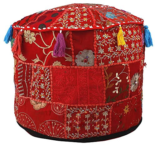 Aakriti Gallery - Funda redonda para puf con bordado indio étnico, algodón indio, para puf, reposapiés, otomana, cojín, solo funda (color rojo, 56 x 35 cm)