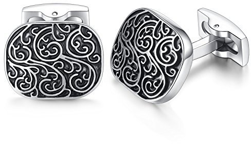 Honey Bear Herren Hochzeit Retro Muster Geschnitzt Manschettenknöpfe Cufflinks Edelstahl Manschettenknopf (Silber mit Schwarz) (Rechteck)