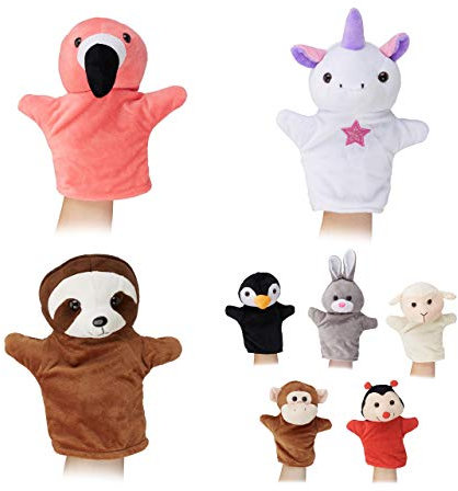 Relaxdays Handpuppen für Kinder, 8er Set Tiere, AFFE, Einhorn, Faultier, Flamingo, Handspielpuppen, weiches Plüsch, bunt