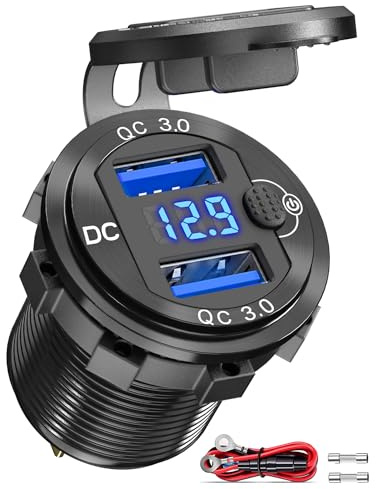 Quick Charge 3.0 USB-uttag 12 V bil med strömbrytare – billaddare USB-inbyggt uttag 24 V vattentät cigarettändare burk med blå LED voltmeter, spänningsdisplay för motorcykel, båt, lastbil, husvagn