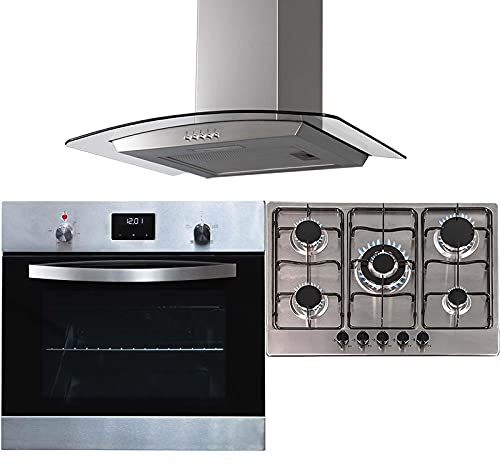 SIA SO114SS 60cm Stainless Steel Digital Single True Fan Oven, SSG701SS 5 Gas Burner Hob with Enamel Pan Stands & CGH60SS Curved Glas Cooker Hood