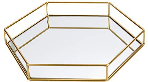 Hexagon Gold Decorative Mirror Tray Serving Platter (Large 34cm x 30cm x 5cm)