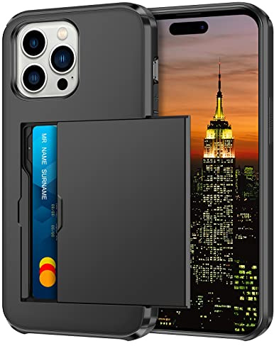 Coolden for iPhone 14 Pro Case with Card Holder Wallet Cover Black | Shockproof Heavy Duty Protective, Hard PC Back Soft TPU Bumper Card Slot Wallet Cover for iPhone 14 Pro Phone Case Women Men