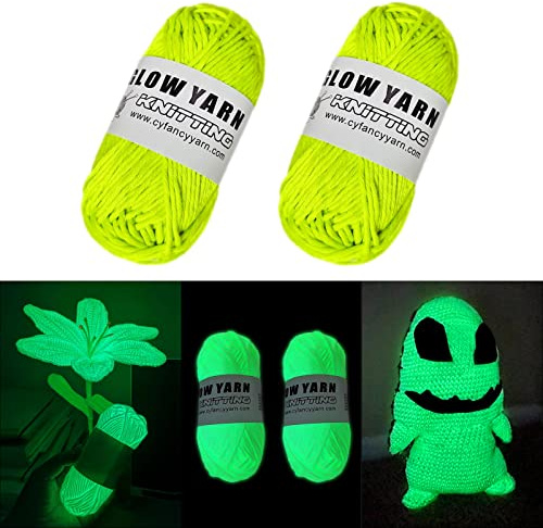AUAUY Hilo Que Brilla en la Oscuridad, 2 Rollos Luminoso Ganchillo, Amarill