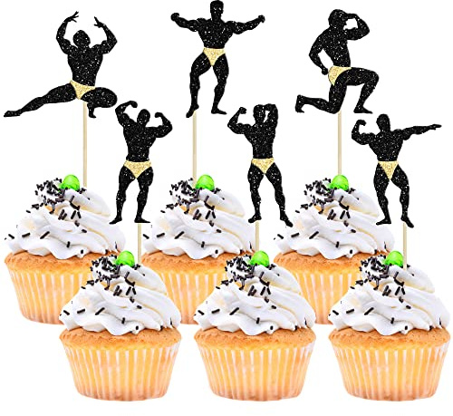 Gyufise Cupcake-Topper, Motiv: männliche Tänzer, Stripper, Beefcakes, schwarzer Glitzer, Junggesellinnenabschied, 24 Stück