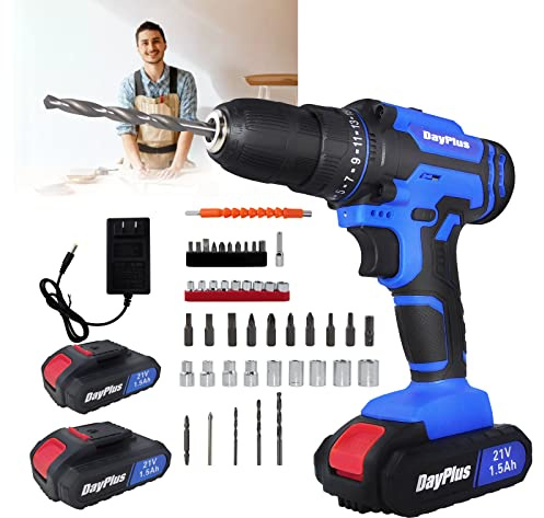 21V Cordless Combi Drill Driver and Screwdriver Set, Electric Hammer Drill Wall Drilling Tool Kit Set with 2x21v Batteries/ 0-400/0-1500 rpm Variable Speed/25+1 Torque Setting/45N.m Torque