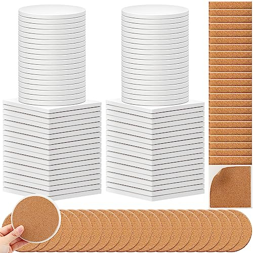Suttmin 144 Pieces Ceramic Tiles for Crafts Coasters White Blank Unglazed Ceramic Tiles with Cork Backing Pads for Painting DIY Art Gift Project(Round, Square)
