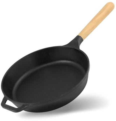 4BIG.fun Brizoll Poêle à frire en fonte ronde avec manche en bois Diamètre 24 cm Profondeur 47 mm Compatible avec tous les types de cuisinières