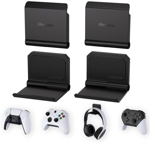 PlayVital 4 Set FOLD Controller Wall Mount for ps5/4, Gaming Headset Stand, Foldable Wall Stand for Xbox Series X/S, Switch Pro, Wall Holder for Xbox Wireless Headset, for Pulse 3D Headset - Black
