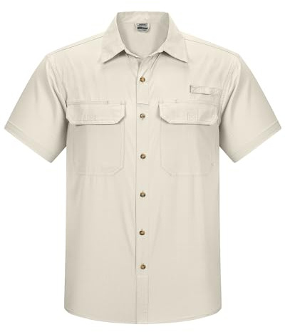 Outdoor Ventures Herrskjorta kortärmad fritidsskjorta snabbtorkande kortärmad skjorta för män casual sol UV skydd vandringströja för fiske, resor, Ljus kaki, L