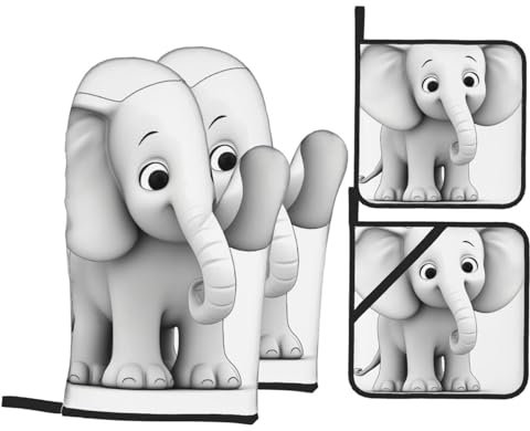 Ofenhandschuhe und Topflappen-Set, 4-teilig, Küchenhandschuh, weißer Elefant, Ofenhandschuh, hitzebeständig, Ofenhandschuh zum Kochen, rutschfeste Kochhandschuhe, waschbare Topflappen zum Backen und
