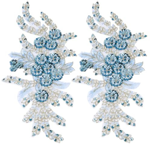 GORGECRAFT 2Stk Blaue Blumen-Applikationen Zum Aufnähen Mit Pailletten 3D-Spitzenblumen-Applikation Dekorative Stickerei Blumen-Patches Für Hochzeit Brautkleid Nähen Basteln DIY-Kleidung Kragen