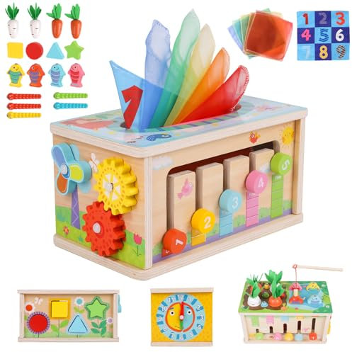 LZDMY Montessori Spielzeug Baby ab 6 Monate, 6-in-1 Tücherbox mit Knistertuch, Motorikwürfel Holzspielzeug 6-12 Monate Jungen Mädchen, Motorikspielzeug für Kinder 1-3, Baby Geschenk