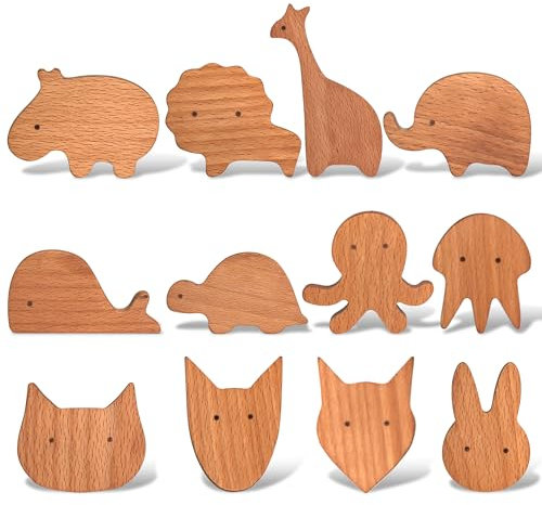 Auped 12 Stk Tierförmige Holzgriffe | Dekorative Möbelknöpfe für Schrank, Kommode & Küchenschrank | Natürliche Holzknöpfe mit Einfacher Montage