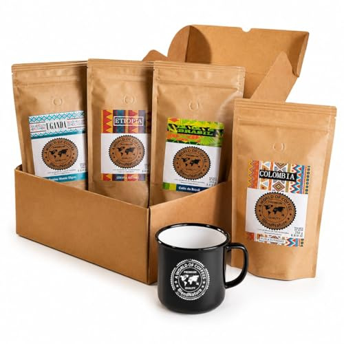 Pack de café 4 x 250g en grains - Sélection des meilleurs cafés du monde Arabicas + Brésil Colombie Ethiopie et Ouganda + Coffret cadeau + Tasse Vintage - Qualité maximale approuvée par la SCA