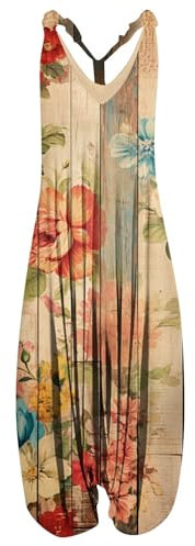 Azruma Schwarze Hose Damen, Softshellanzug 92 Schutzanzug Einweg Frauen Sommer Floral Gedruckt Ärmelloser Jumpsuit Mit Taschen Women Clothes Damen Latzhose Arbeitskleidung(3-Saffron,L)
