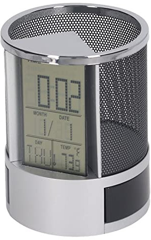 Walfront Digital Alarm Clock Pen Holder Digital Alarm Clock Pen Holder, Electronic Perpetual Calendar Multifunctional Electronic Black