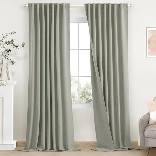 SimpleHome Sage Green Linen 100% Blackout Curtains for Living Room,84 Inch Length Farmhouse Back Tab Textured Curtains for Bedroom,2 Panels,52 W x 84 L