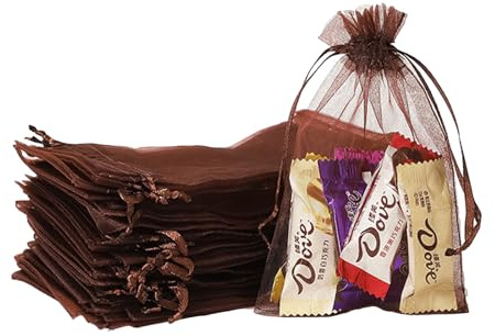 POPOYU 100Pcs Sachet Organza Café, 10×15cm Pochette Bijoux, Sachet Lavande Vide, Tulle Dragées, Sachet Dragees, Pochon Bijoux, Sac Organza, Sac Cadeau Tissu, Jewellery Drawstring Bag, Pochons