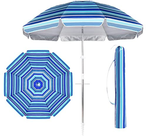 Tragbarer Strandschirm, Sonnenschirm mit Sandanker und Kippstange, UV-Schutz 50+, mit Tragetasche, 2 m