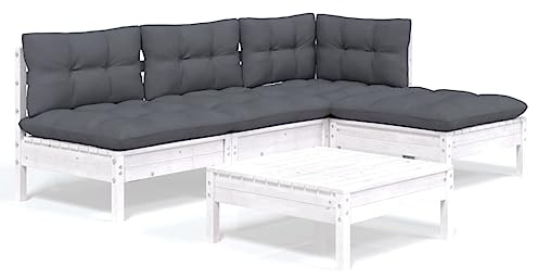 WEMYUFURN 5-TLG. Garten-Lounge-Set mit Kissen Weiß Kiefernholz, Outdoor-Sitzgruppe, Terrassen-Lounge-Set, Garten-Couchgarnitur - Wetterbeständig, Komfortabel - für Terrasse, Garten und Balkon