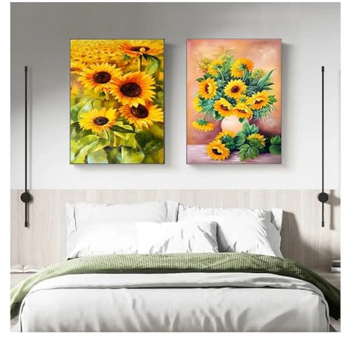 NXMYDBD Große Leinwandbilder, Wandkunst, Sonnenblumenbild, Wohnzimmer, Leinwand, Poster, Druck, Schlafzimmer, Kunstdruck, goldenes Blumengemälde, 60 x 80 cm (24 x 31 Zoll), 2 Stück, ungerahmt