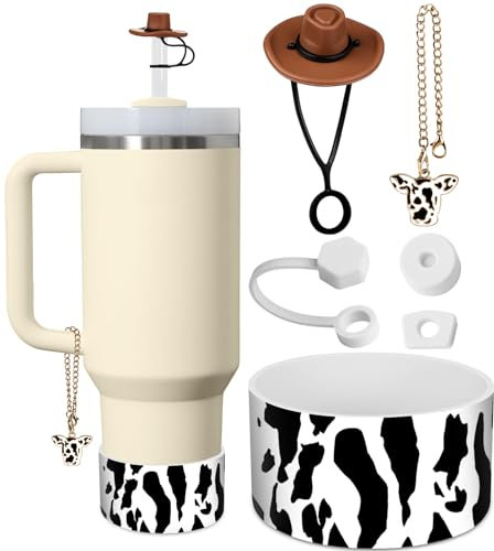 Toykee Cup Boot with Accessories for Stanley 40 30 oz - West Cowboy Straw Toppers Cover Cow Print Bottom Protector Leak Proof Lid Spill Stopper Sets, and Keychain Charms for Tumbler