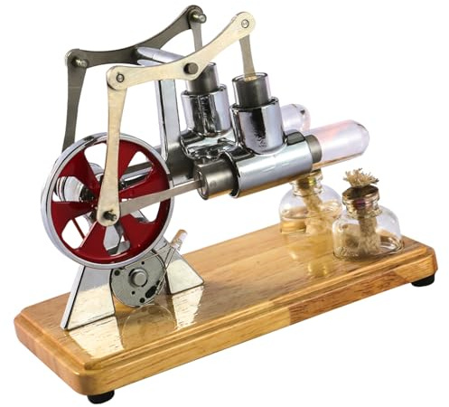 ZJchao Stirling Engine, Twin Cylinder Balance with Oak Baseplate and Drip Craftsmanship Stirling Engine Kit Steam Engine Kit for Educational Displays and Children Entertainment (Silver)