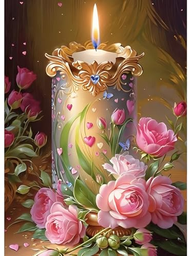 GDYEEH Kerze Diamond Painting Erwachsene, 5D Diamant Painting Bilder Anfänger, DIY Rosa Blumen Runder Vollbohrer Diamanten Malerei Stickerei Kreuzstich Geschenke Home Wand Dekor 30x40cm