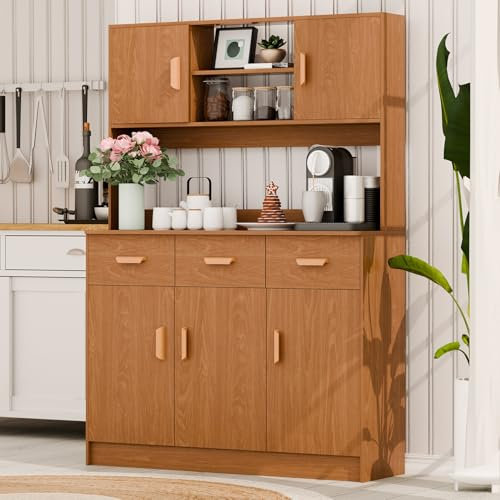 cadciehe Küche Pantry Aufbewahrungsschrank, Stallschrank mit Buffetschrank, Utility Pantry mit Mikrowellenständer, Haushaltswand Hoch Sideboard mit 3 Schubladen, 5 Türen Offene Regale für Küche, Dinin