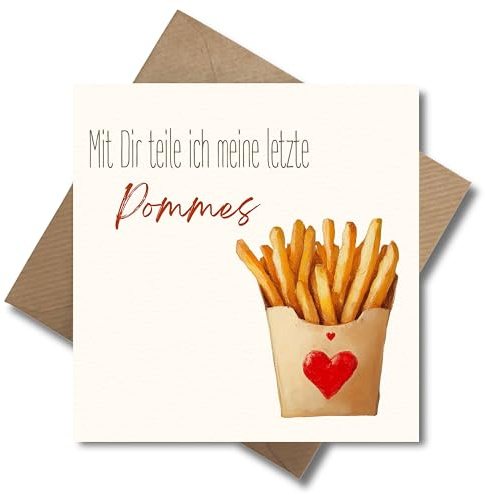 WBdesignz lustige Grußkarte mit Umschlag - Mit dir teile meine letzte Pommes - Liebeskart für Partner, Freunde - zum Valentinstag, Jahrestag, Geburtstag oder als Wertschätzung (125 x 125 mm)