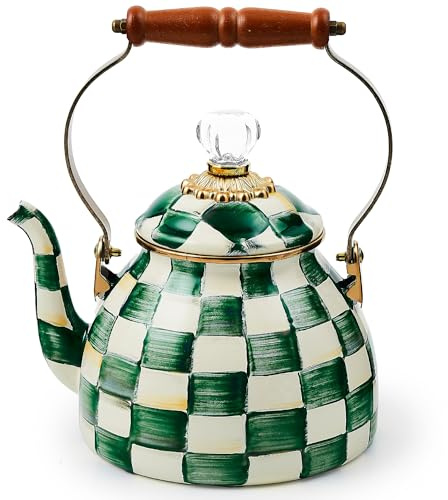 MACKENZIE-CHILDS Enamel Tea Kettle, Stylish Tea Kettle for Stovetop, Green-and-White Emerald Check, 2 Quarts