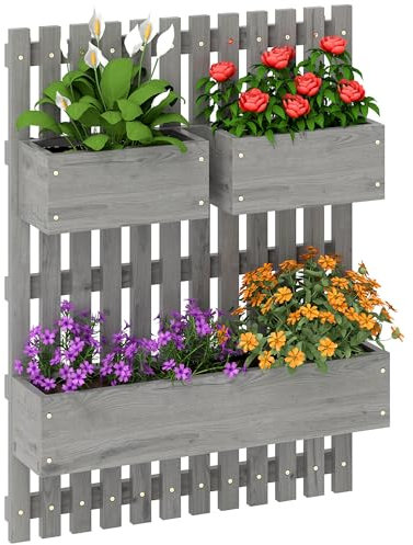 Outsunny Wall-mounted Wooden Garden Planters with Trellis, Drainage Holes and 3 Movable Planter Boxes, Wall Raised Garden Bed for Patio, Grey