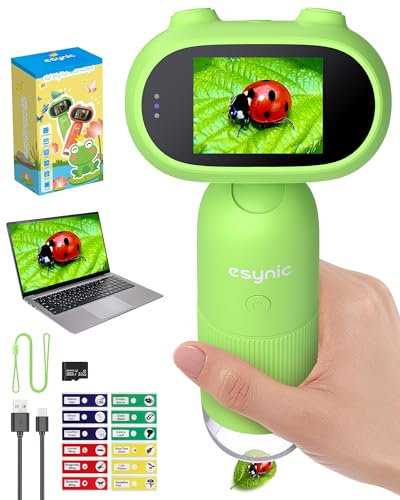 eSynic Digitalt mikroskop för barn med HD-skärm 2,0 tum - bärbart mikroskop med 500-1000X förstoring och 8 LED-lampor, inklusive 32 GB och 12 objekthållare - grön
