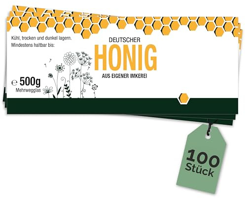 Apoidea – Honig Etiketten 500 g nassklebend – 100 Stück zum Stempeln/Etiketten Honiggläser/Honig Aufkleber für selbstgemachten Honig/Honigetiketten für Honiggläser