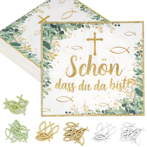 40 Stück Servietten Kommunion, “schön dass du da bist”, mit 45 Holz Fische, Serviettenset, Deko Kommunion Junge Mädchen, Tischdekoration für Taufe Hochzeiten Tischdeko (33 * 33 cm)