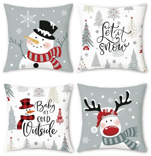 Bonhause 4er Set Kissenbezüge Winter Schneemann Rentier Weihnachtsbäume Schneeflocken Grau 45 x 45 cm Dekorative Kissenhülle für Sofa Schlafzimmer Weihnachtsferien Dekoration