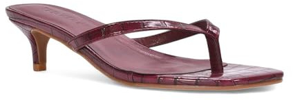ESSEX GLAM Women's Kitten Heel Toe Post Sandals Ladies Burgundy Synthetic Leather Slip On Low Heeled Mule Shoes Size 5